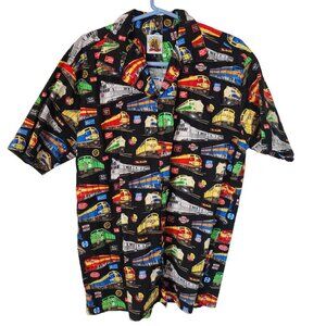 Max Boxxer Mens L Black Train Print Short Sleeves Cotton Button Up Shirt Pocket